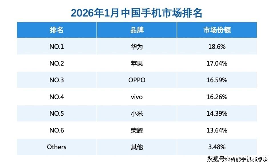 1月中国手机市场份额出炉：华为第一小米第五苹果仅第二！